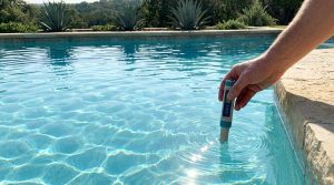 Testing pool water chemistry for pH and chlorine levels in the summer.