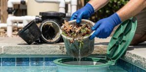 A close-up of a pool technician's gloved hands holding a wet skimmer basket full of oak leaves and debris, recently removed from a pool.