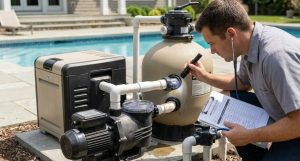 A technician kneeling on an equipment pad, intently examining a pool pump and sand filter system, using a flashlight to check for leaks and wear.