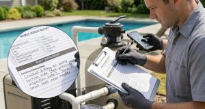 A pool technician standing by an equipment pad, holding a clipboard and pen to record observations about equipment condition and service notes.