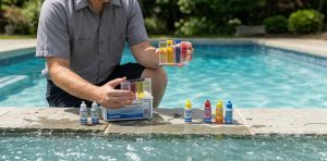 A close-up of a pool technician holding a water testing comparator block up to the light, comparing reagent color changes against standard charts.