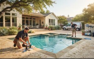 Pool service technicians performing water chemistry testing and cleaning seasonal debris from a residential swimming pool in Austin, Texas.