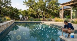 A pool technician in an Austin backyard environment using chemical reagents to analyze water.