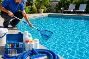 A pool service technician in a blue uniform kneeling by a bright blue swimming pool, using a skimmer net to clear debris while pool testing kits, chemical bottles, and cleaning hoses sit on the concrete deck.