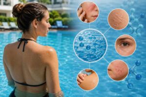 A woman relaxing in a swimming pool next to circular graphic overlays illustrating water molecules and various skin reactions or dryness associated with pool water exposure.