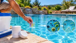 Pool professional testing chlorine levels in a clean swimming pool to maintain safe, balanced water.